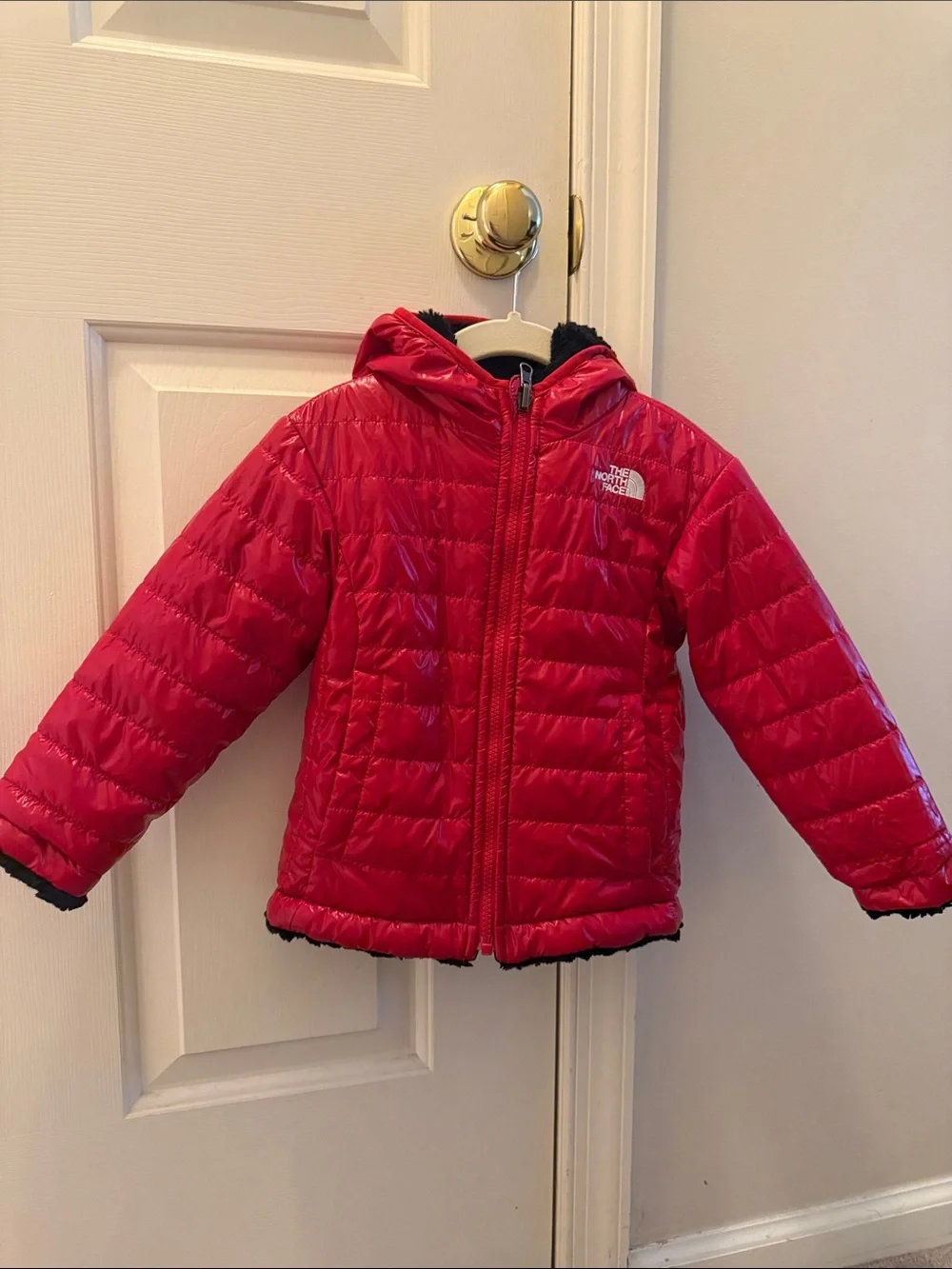 The North Face Kids Red Quilted Reversible Hooded Puffer Jacket